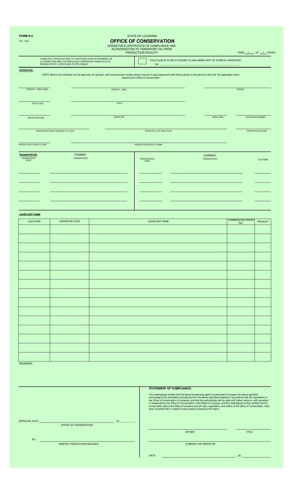 Form R-4 Operators Certificate of Compliance and Authorization to Transport Oil From Production Facility - Louisiana, Page 1