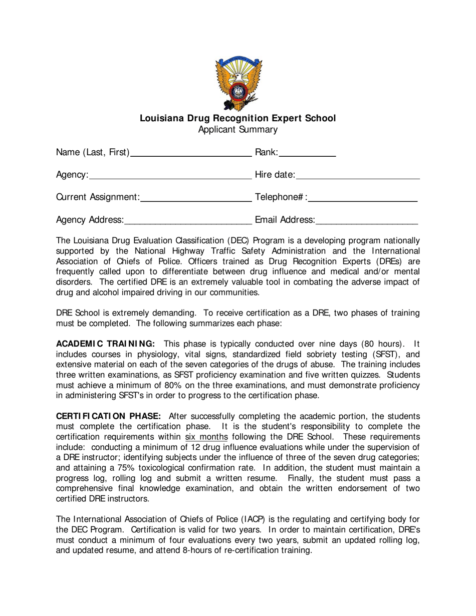 Louisiana Drug Recognition Expert School Applicant Summary - Louisiana, Page 1