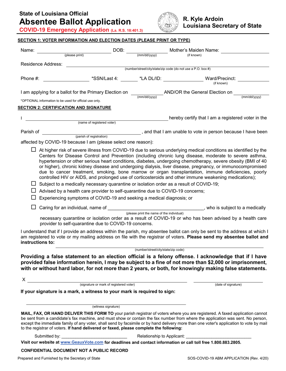 Temporary Covid-19 Absentee Ballot Application - Louisiana, Page 1