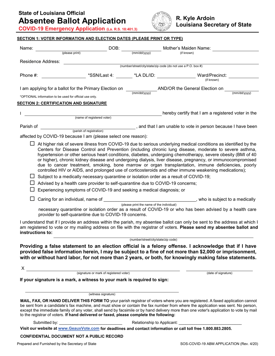 Louisiana Temporary Covid-19 Absentee Ballot Application - Fill Out ...