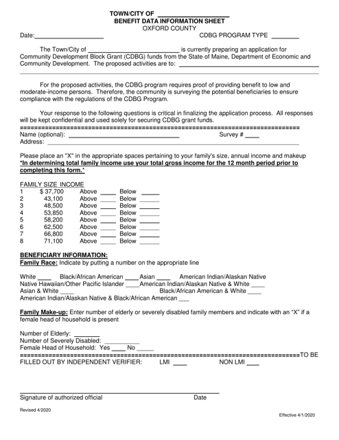 Benefit Data Information Sheet - Oxford County, Maine Download Pdf