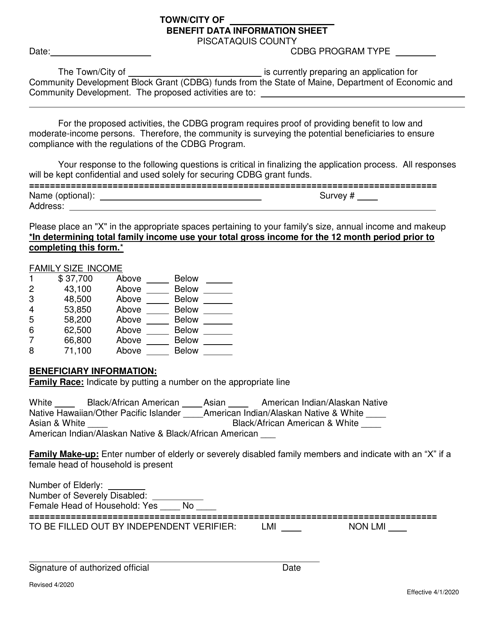 Benefit Data Information Sheet - Piscataquis County, Maine Download Pdf