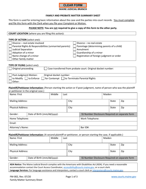 Form FM-002 Family and Probate Matter Summary Sheet - Maine