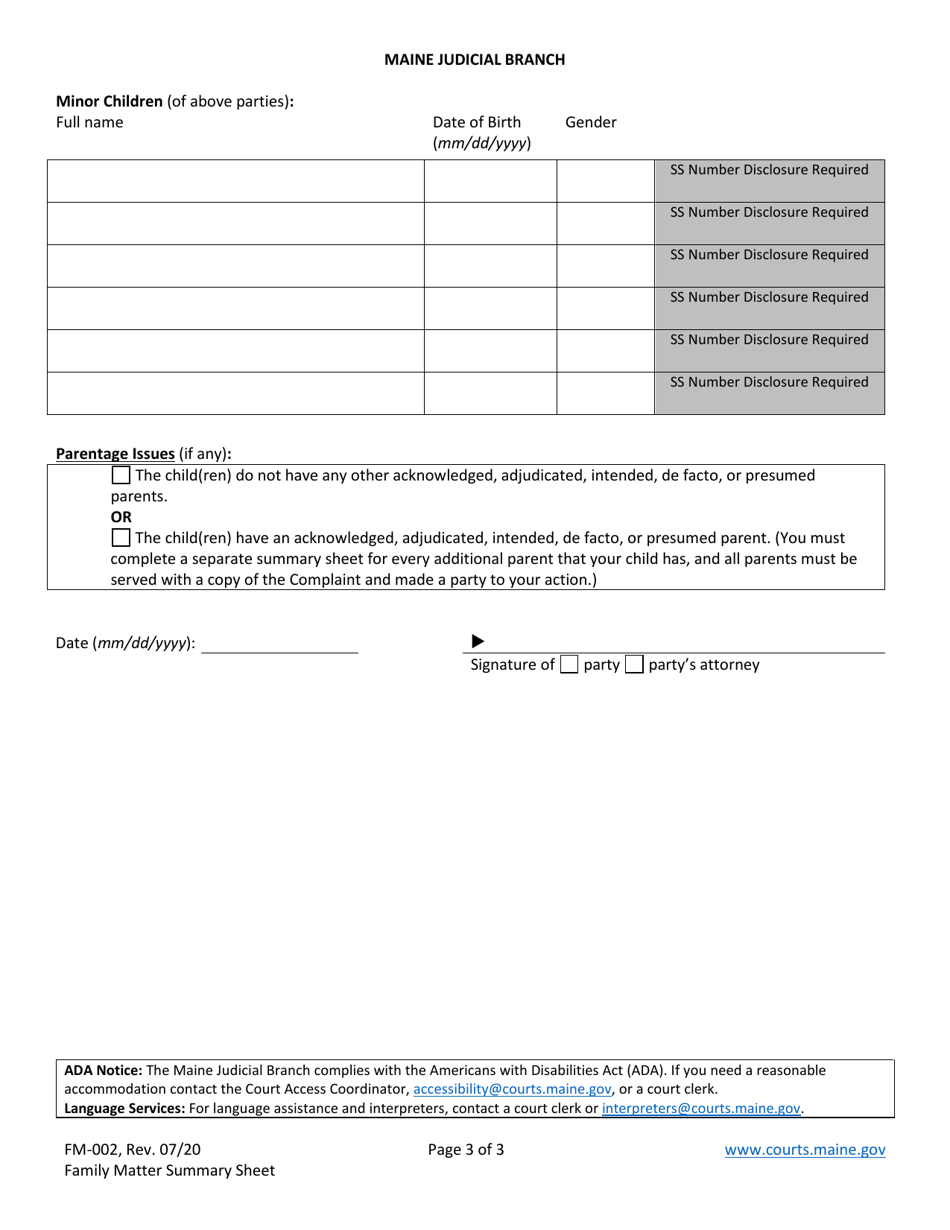Form FM-002 Family and Probate Matter Summary Sheet - Maine, Page 3