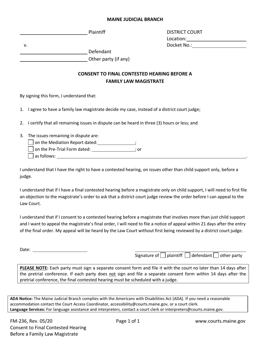 Form FM-236 Consent to Final Contested Hearing Before a Family Law Magistrate - Maine, Page 1
