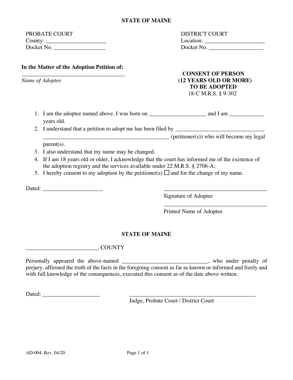 Form AD-004 - Fill Out, Sign Online and Download Fillable PDF, Maine ...