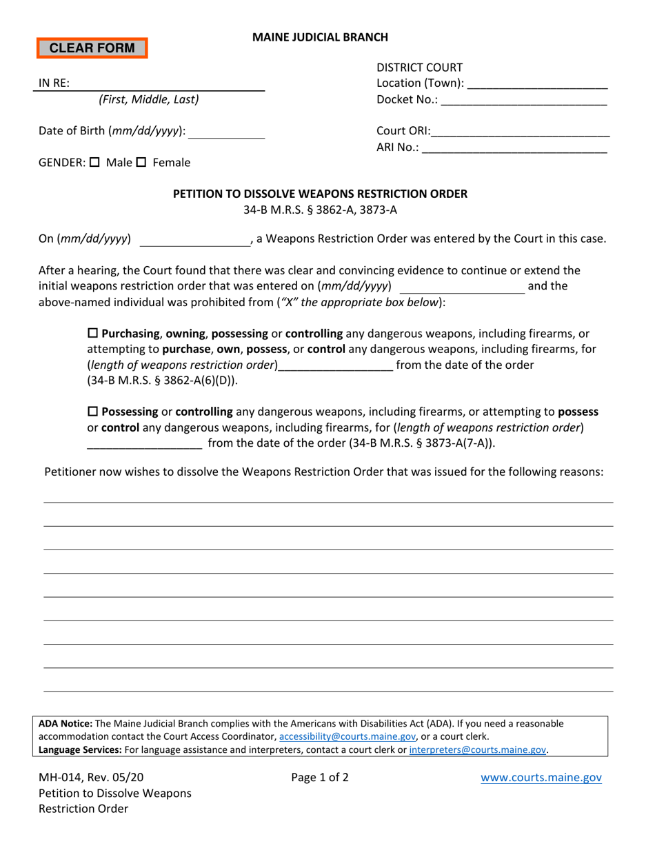 Form MH-014 Petition to Dissolve Weapons Restriction Order - Maine, Page 1