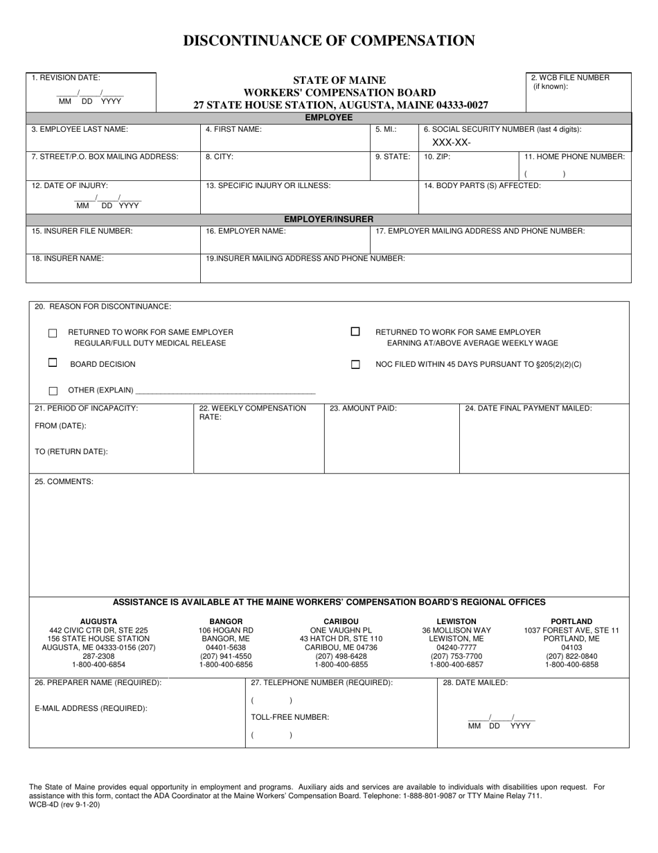 Form WCB-4D Discontinuance of Compensation - Maine, Page 1