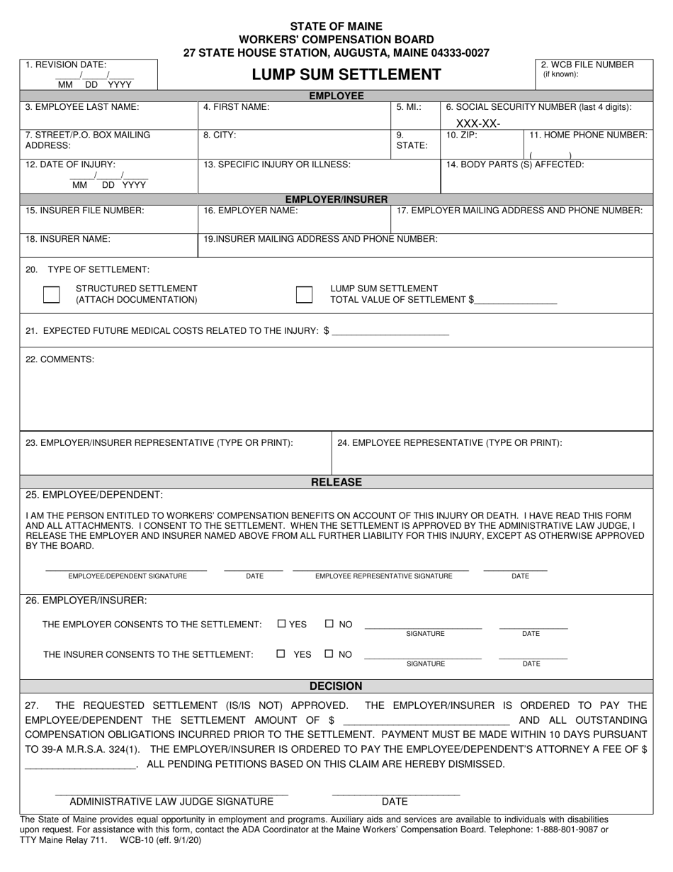 Form WCB-10 Lump Sum Settlement - Maine, Page 1