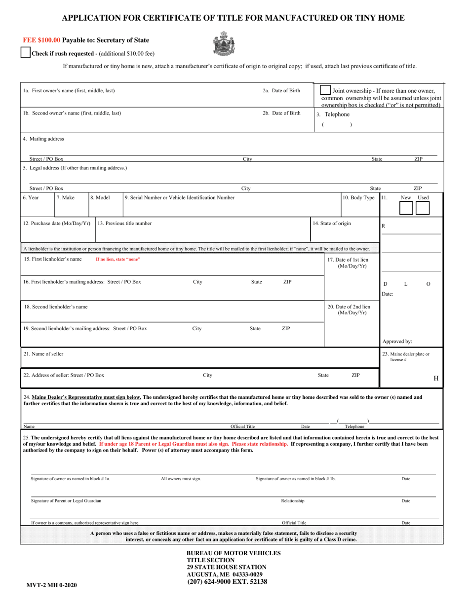 Form MVT-2 MH Application for Certificate of Title for Manufactured or Tiny Home - Maine, Page 1