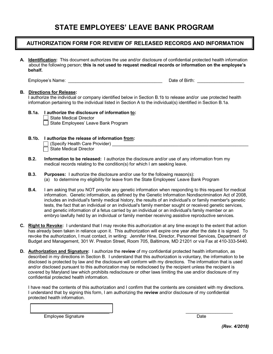 State Employees Leave Bank Program Authorization Form for Review of Released Records and Information - Maryland, Page 1