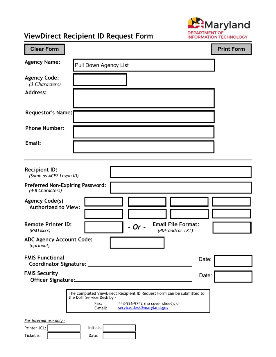Viewdirect Recipient Id Request Form - Maryland, Page 1