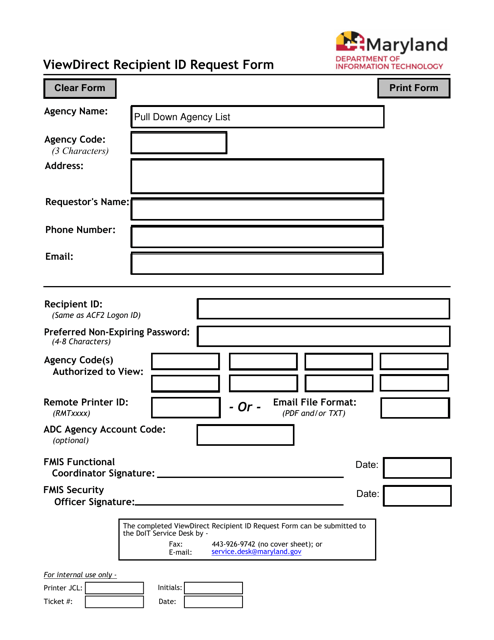 &quot;Viewdirect Recipient Id Request Form&quot; - Maryland Download Pdf