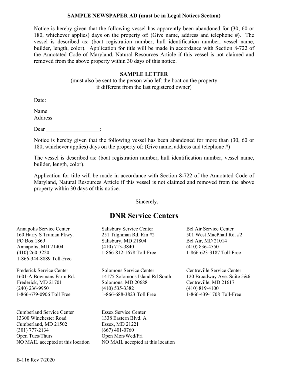 Instructions for DNR Form B-117 Claim for Abandoned Vessel - Maryland, Page 2