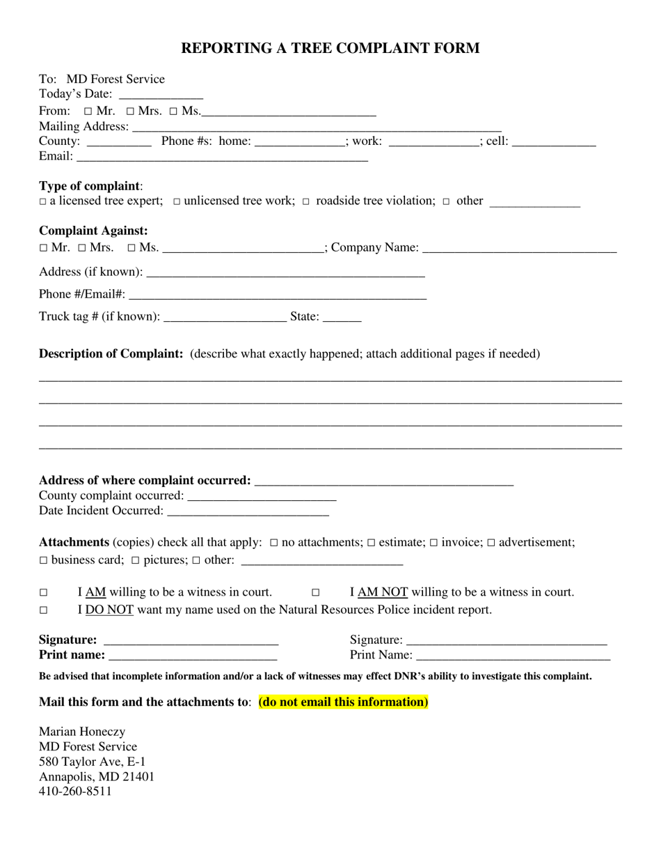 Reporting a Tree Complaint Form - Maryland, Page 1