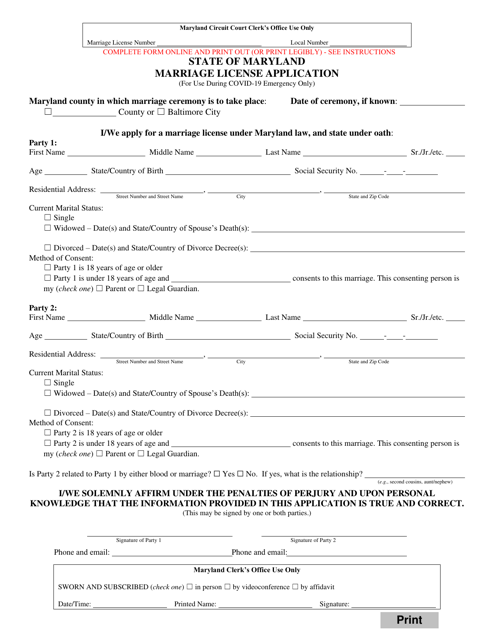 Marriage License Application - Maryland
