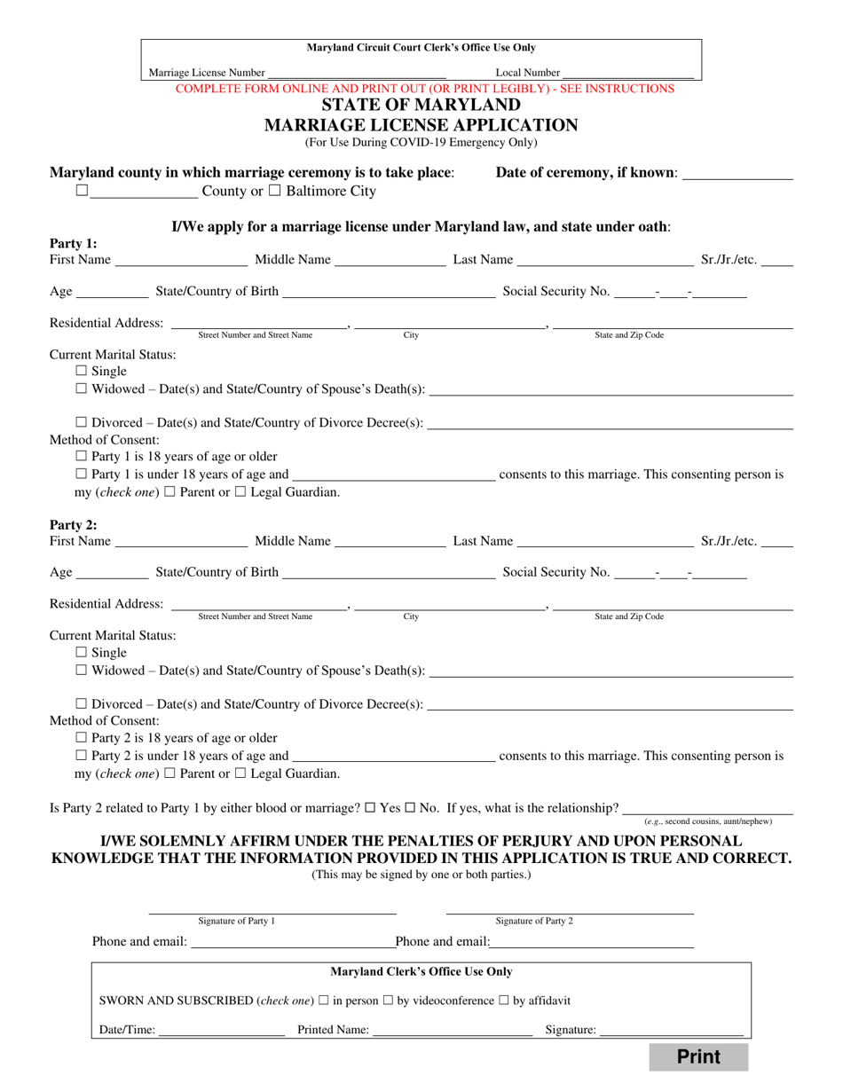 Marriage License Application - Maryland, Page 1