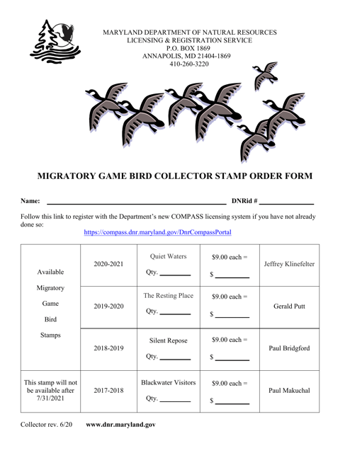 Migratory Game Bird Collector Stamp Order Form - Maryland Download Pdf
