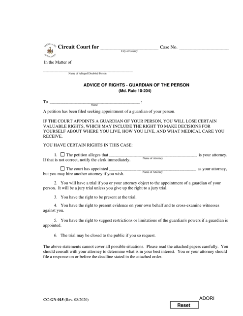 Form CC-GN-015 Advice of Rights - Guardian of the Person - Maryland
