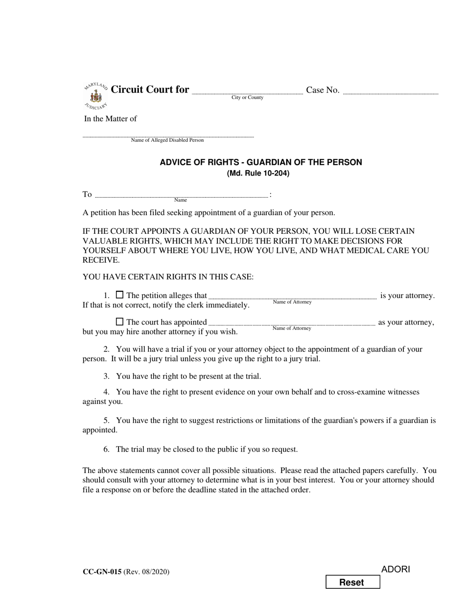 Form CC-GN-015 Advice of Rights - Guardian of the Person - Maryland, Page 1