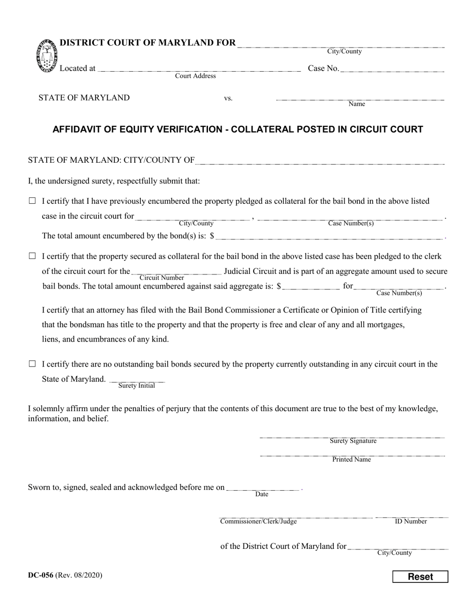 Form DC-056 Affidavit of Equity Verification - Collateral Posted in Circuit Court - Maryland, Page 1