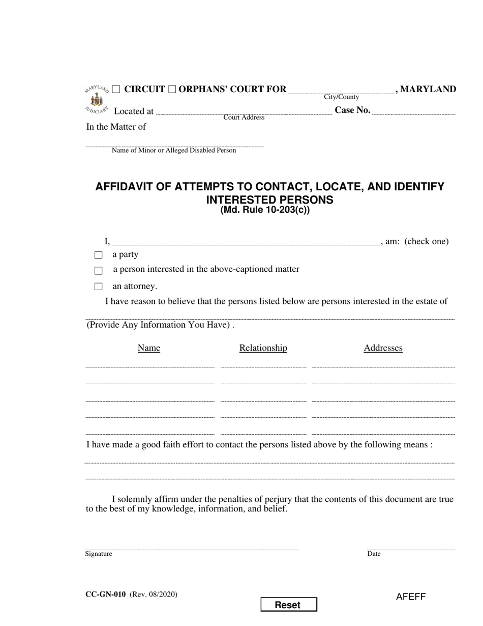 Form CC-GN-010 Affidavit of Attempts to Contact, Locate, and Identify Interested Persons - Maryland, Page 1