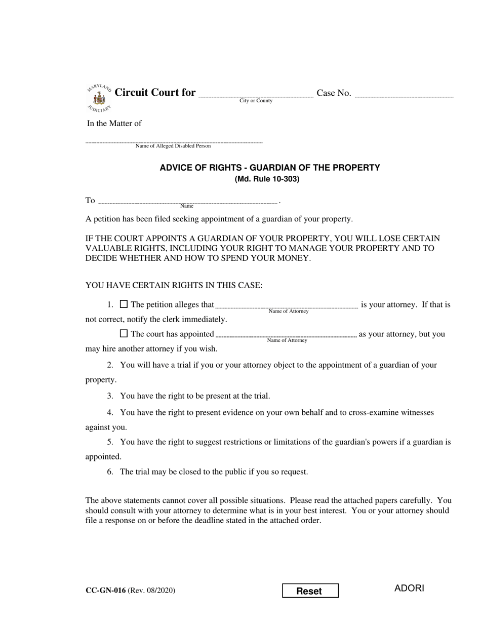 Form CC-GN-016 Advice of Rights - Guardian of the Property - Maryland, Page 1