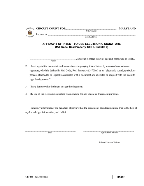 Form CC-094 Affidavit of Intent to Use Electronic Signature - Maryland