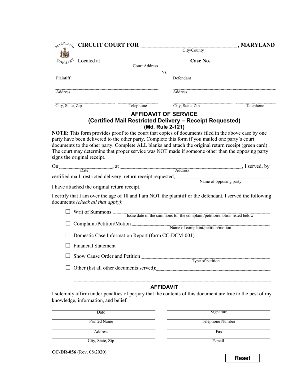 Form CC-DR-056 Affidavit of Service (Certified Mail Restricted Delivery - Receipt Requested) - Maryland, Page 1