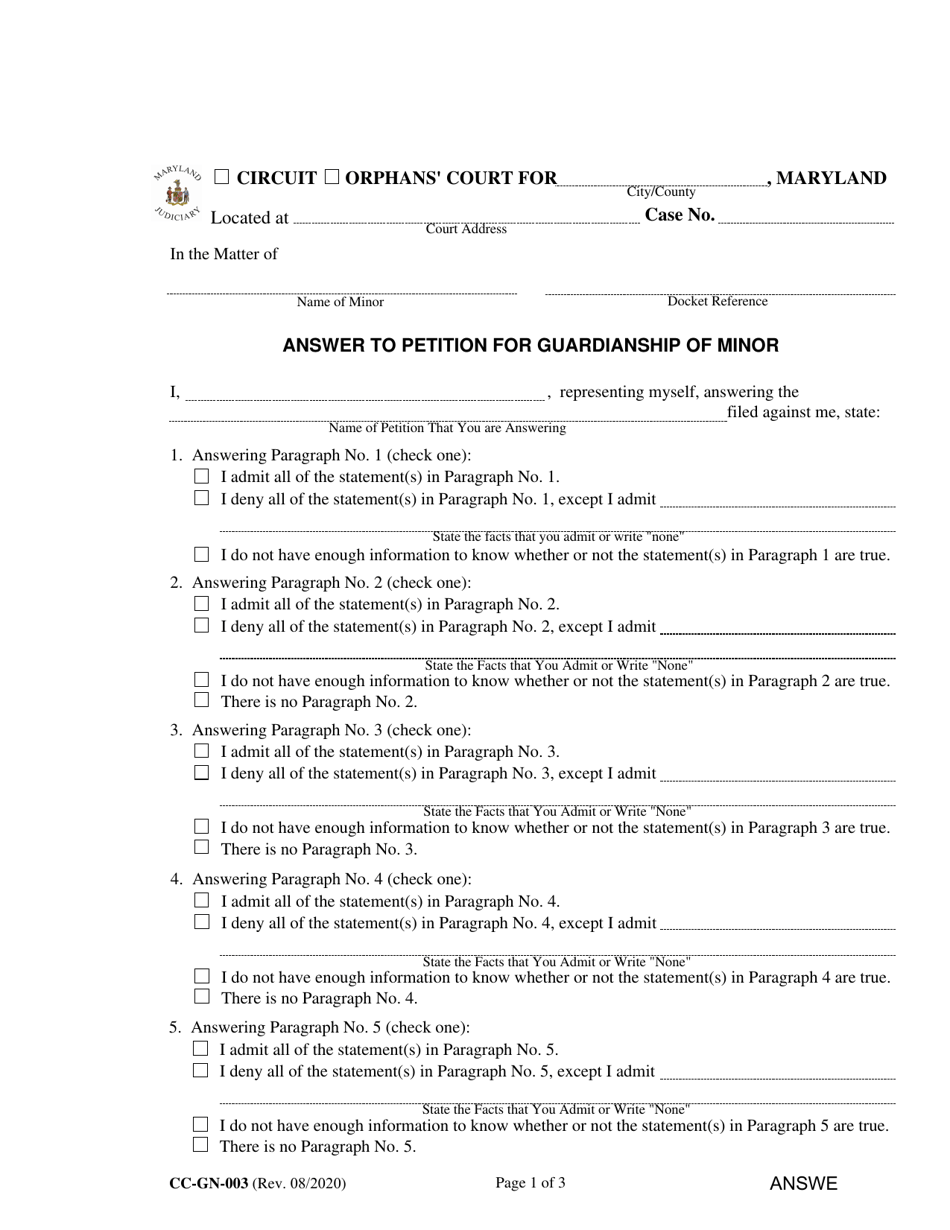 Form CC-GN-003 Answer to Petition for Guardianship of Minor - Maryland, Page 1