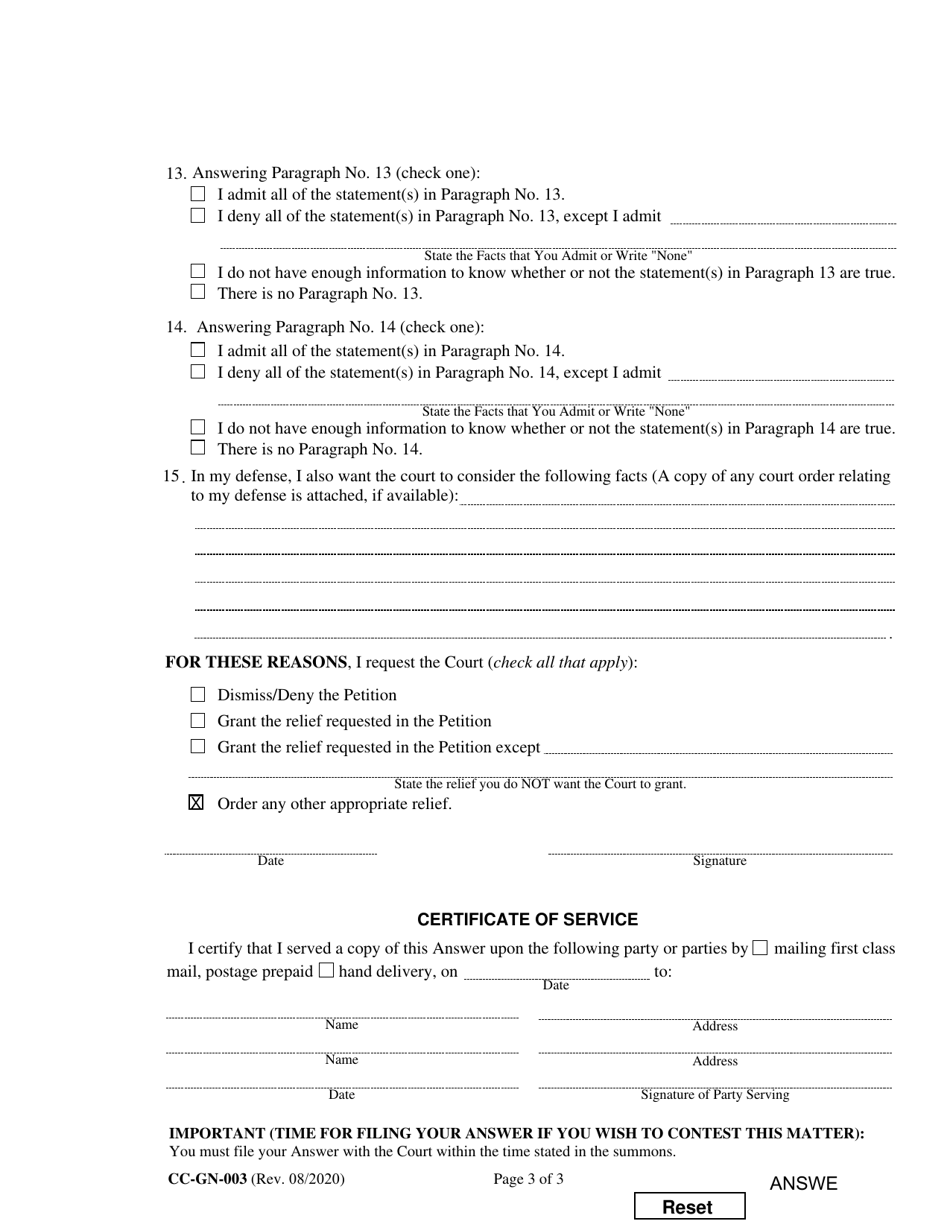 Form CC-GN-003 Answer to Petition for Guardianship of Minor - Maryland, Page 3