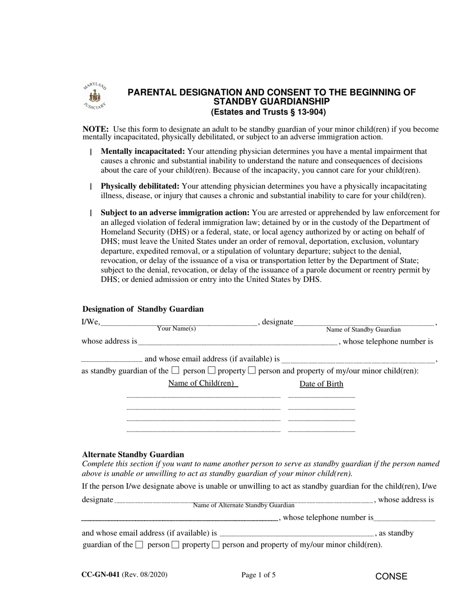 Form CC-GN-041 Parental Designation and Consent to the Beginning of Standby Guardianship - Maryland, Page 1