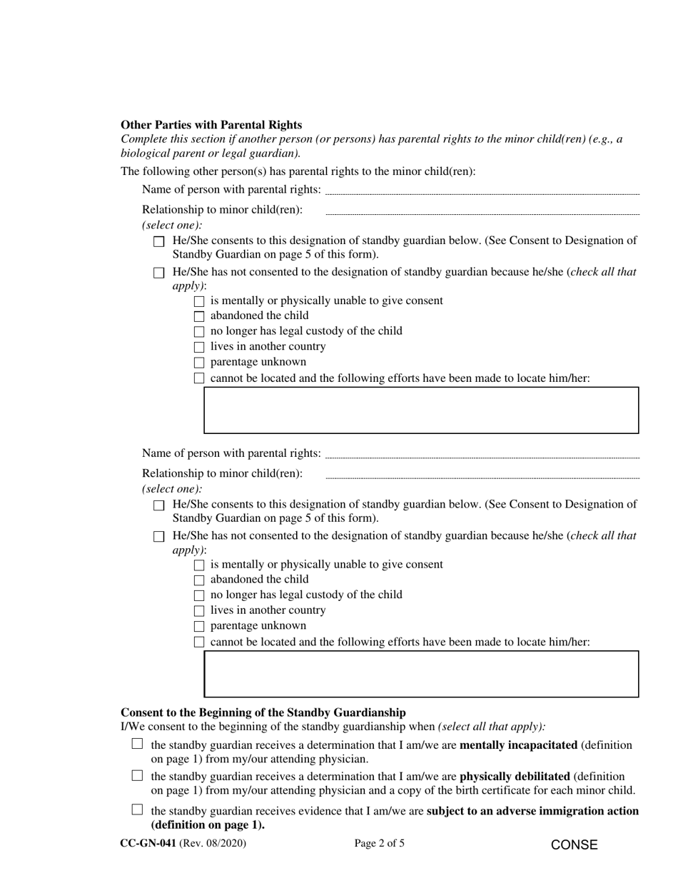 Form CC-GN-041 Parental Designation and Consent to the Beginning of Standby Guardianship - Maryland, Page 2