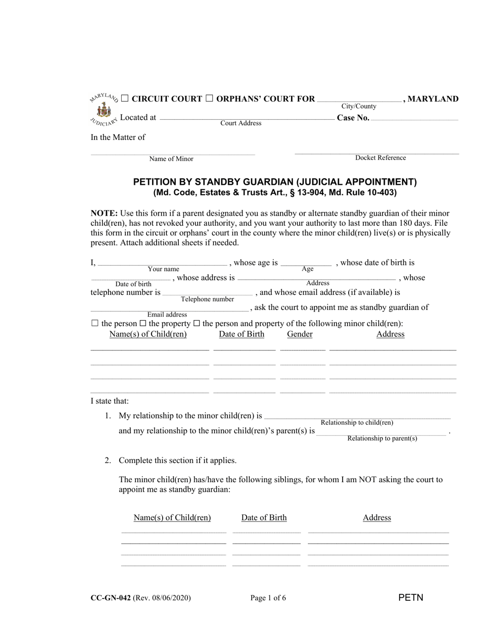 Form CC-GN-042 Petition by Standby Guardian (Judicial Appointment) - Maryland, Page 1