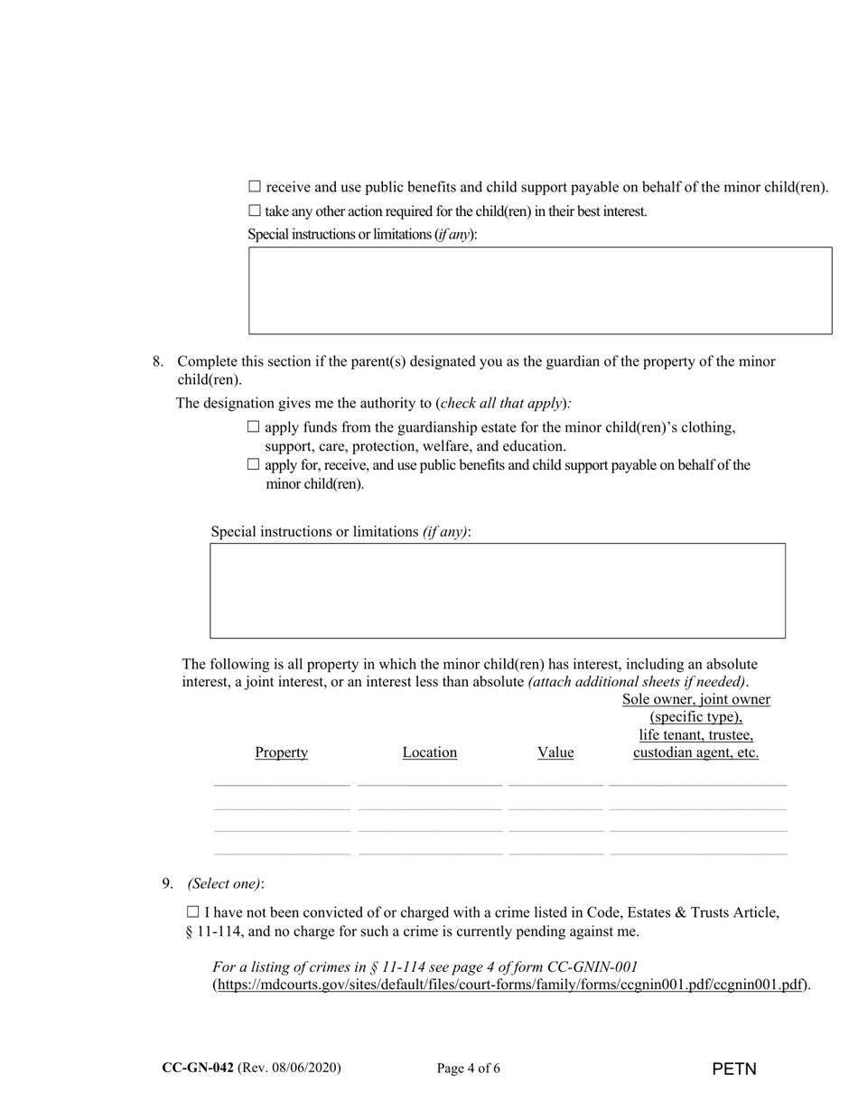 Form CC-GN-042 Petition by Standby Guardian (Judicial Appointment) - Maryland, Page 4