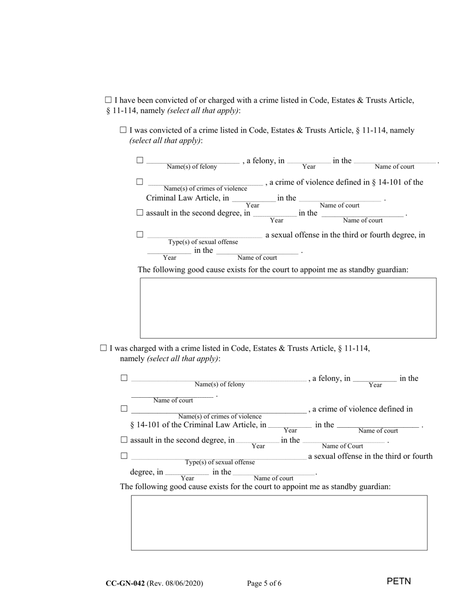 Form CC-GN-042 Petition by Standby Guardian (Judicial Appointment) - Maryland, Page 5