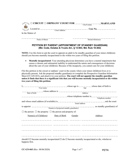 Form CC-GN-043 Petition by Parent (Appointment of Standby Guardian) - Maryland