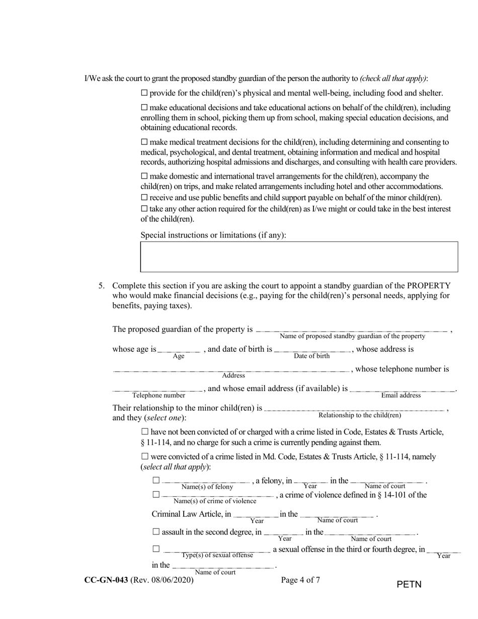 Form CC-GN-043 Petition by Parent (Appointment of Standby Guardian) - Maryland, Page 4