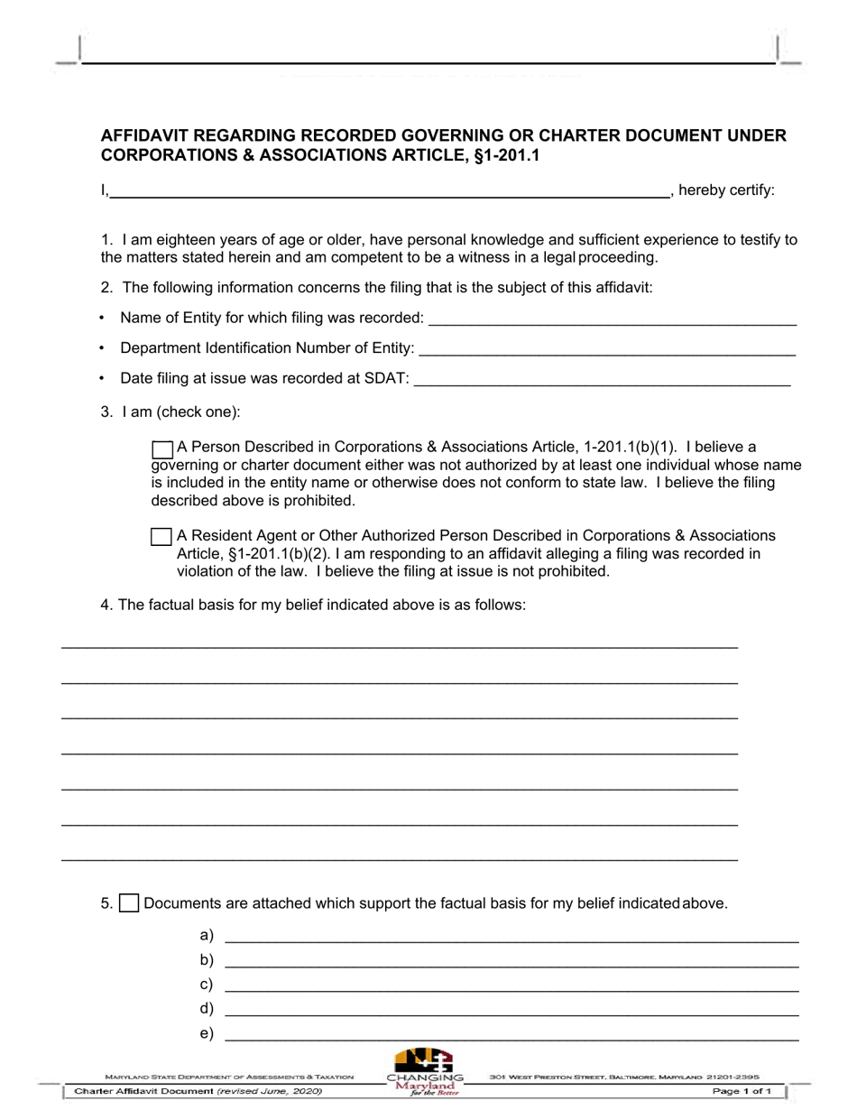 Affidavit Regarding Recorded Governing or Charter Document Under Corporations  Associations Article, 1-201.1 - Maryland, Page 1