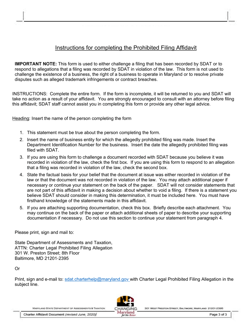 Affidavit Regarding Recorded Governing or Charter Document Under Corporations  Associations Article, 1-201.1 - Maryland, Page 3