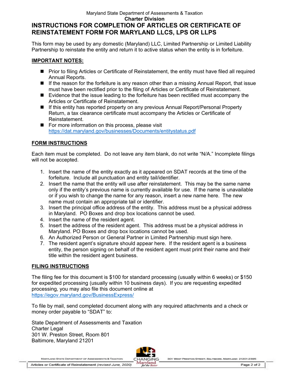 Articles or Certificate of Reinstatement - Maryland, Page 2
