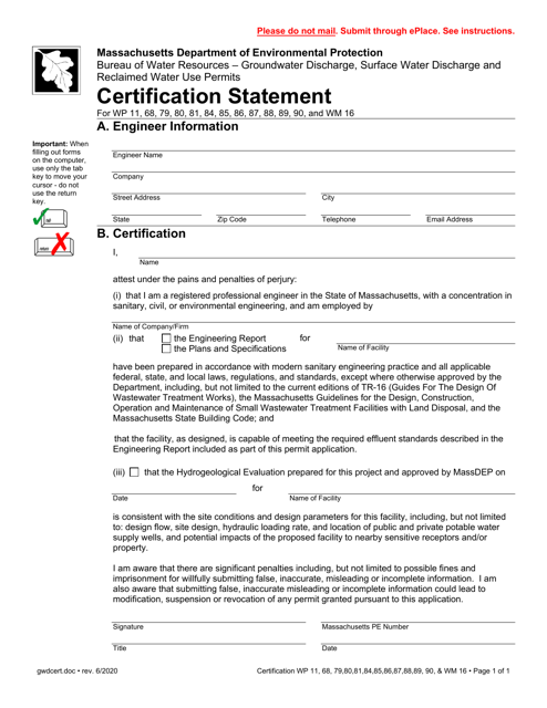 &quot;Certification Statement&quot; - Massachusetts Download Pdf