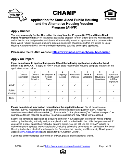 Application for State-Aided Public Housing and the Alternative Housing Voucher Program (Ahvp) - Massachusetts Download Pdf