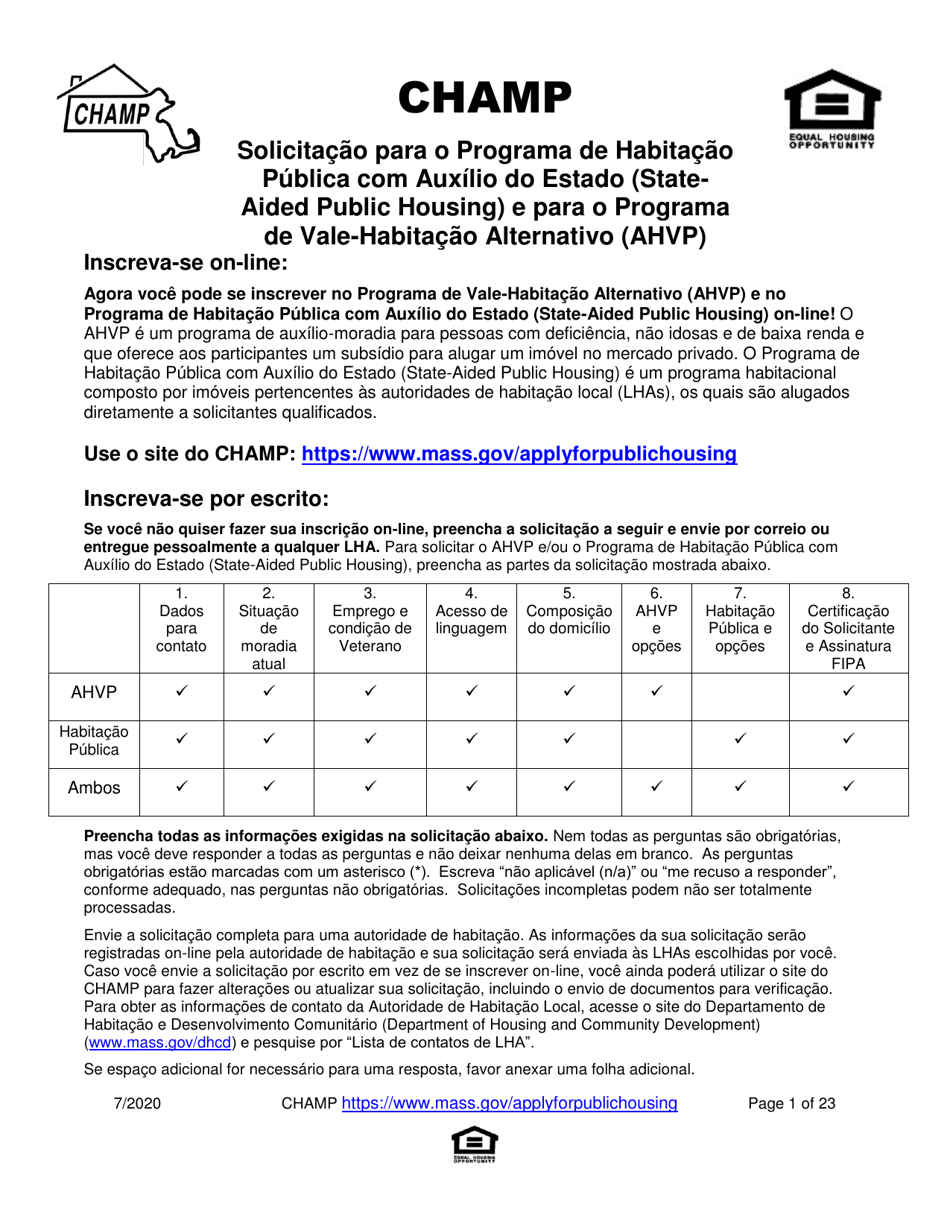 Application for State-Aided Public Housing and the Alternative Housing Voucher Program (Ahvp) - Massachusetts (Portuguese), Page 1