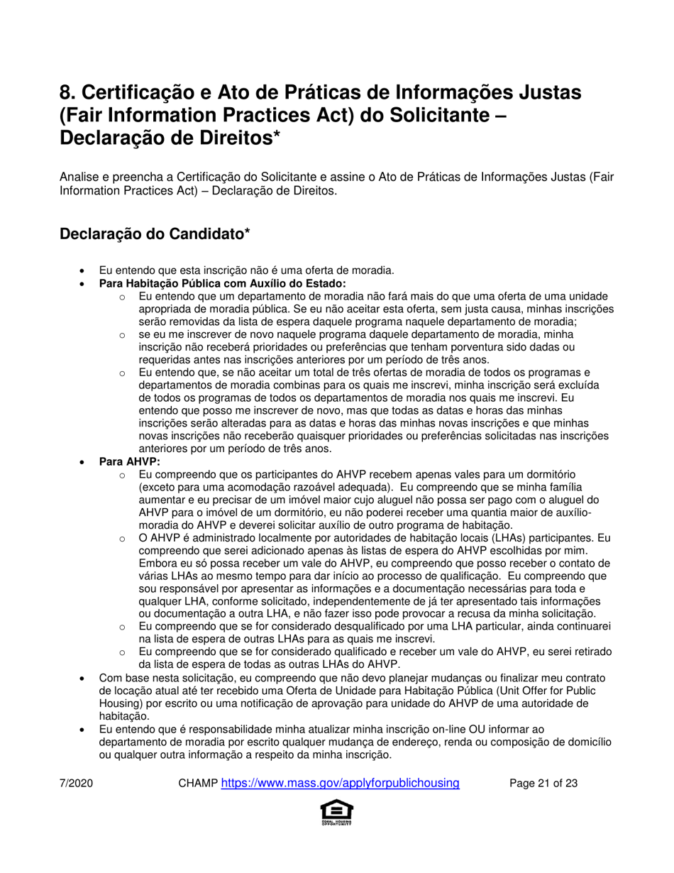 Application for State-Aided Public Housing and the Alternative Housing Voucher Program (Ahvp) - Massachusetts (Portuguese), Page 21