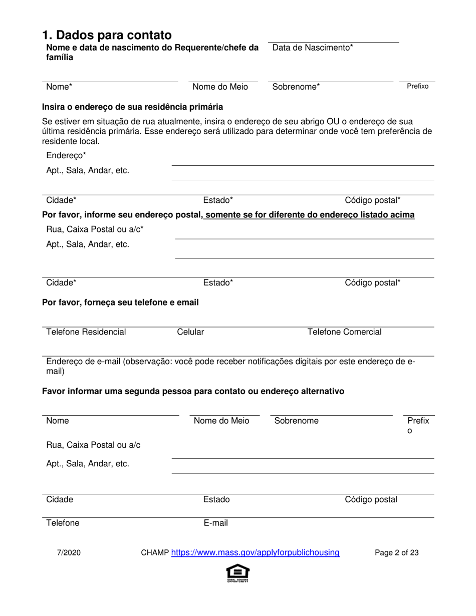 Application for State-Aided Public Housing and the Alternative Housing Voucher Program (Ahvp) - Massachusetts (Portuguese), Page 2