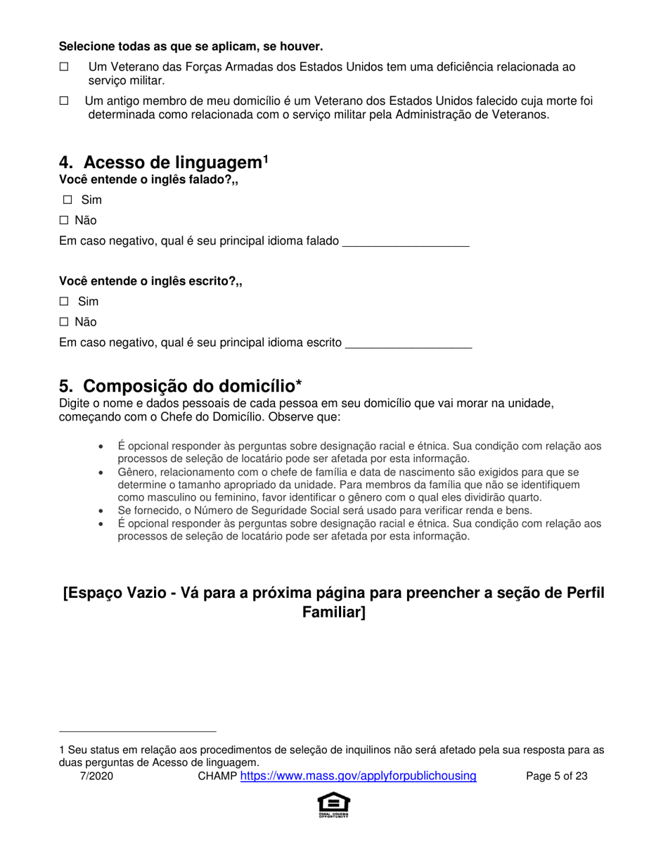Application for State-Aided Public Housing and the Alternative Housing Voucher Program (Ahvp) - Massachusetts (Portuguese), Page 5