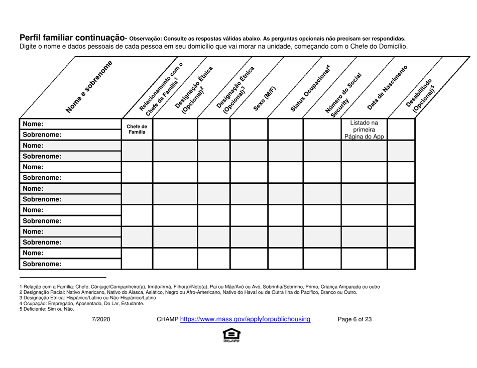 Application for State-Aided Public Housing and the Alternative Housing Voucher Program (Ahvp) - Massachusetts (Portuguese), Page 6
