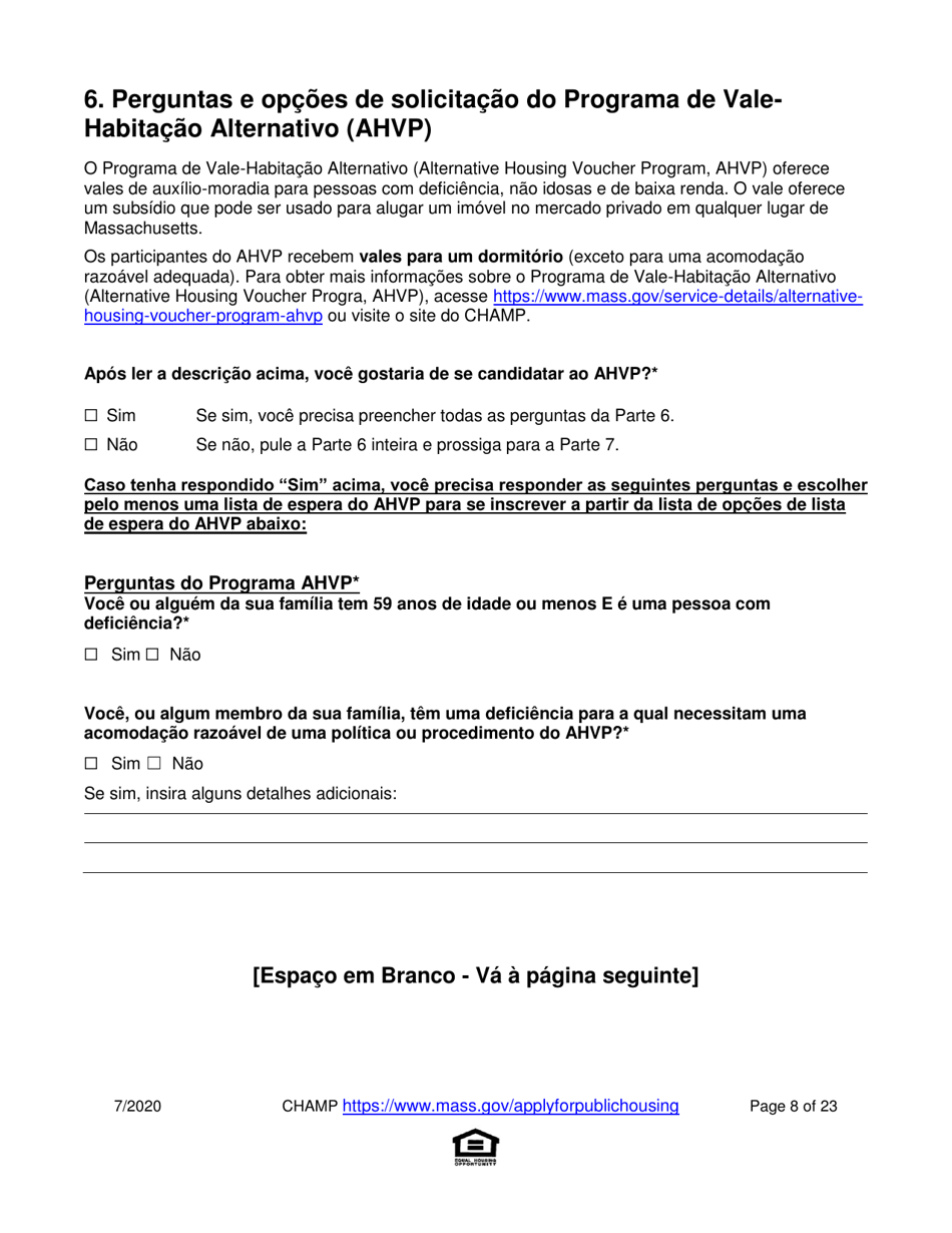 Application for State-Aided Public Housing and the Alternative Housing Voucher Program (Ahvp) - Massachusetts (Portuguese), Page 8