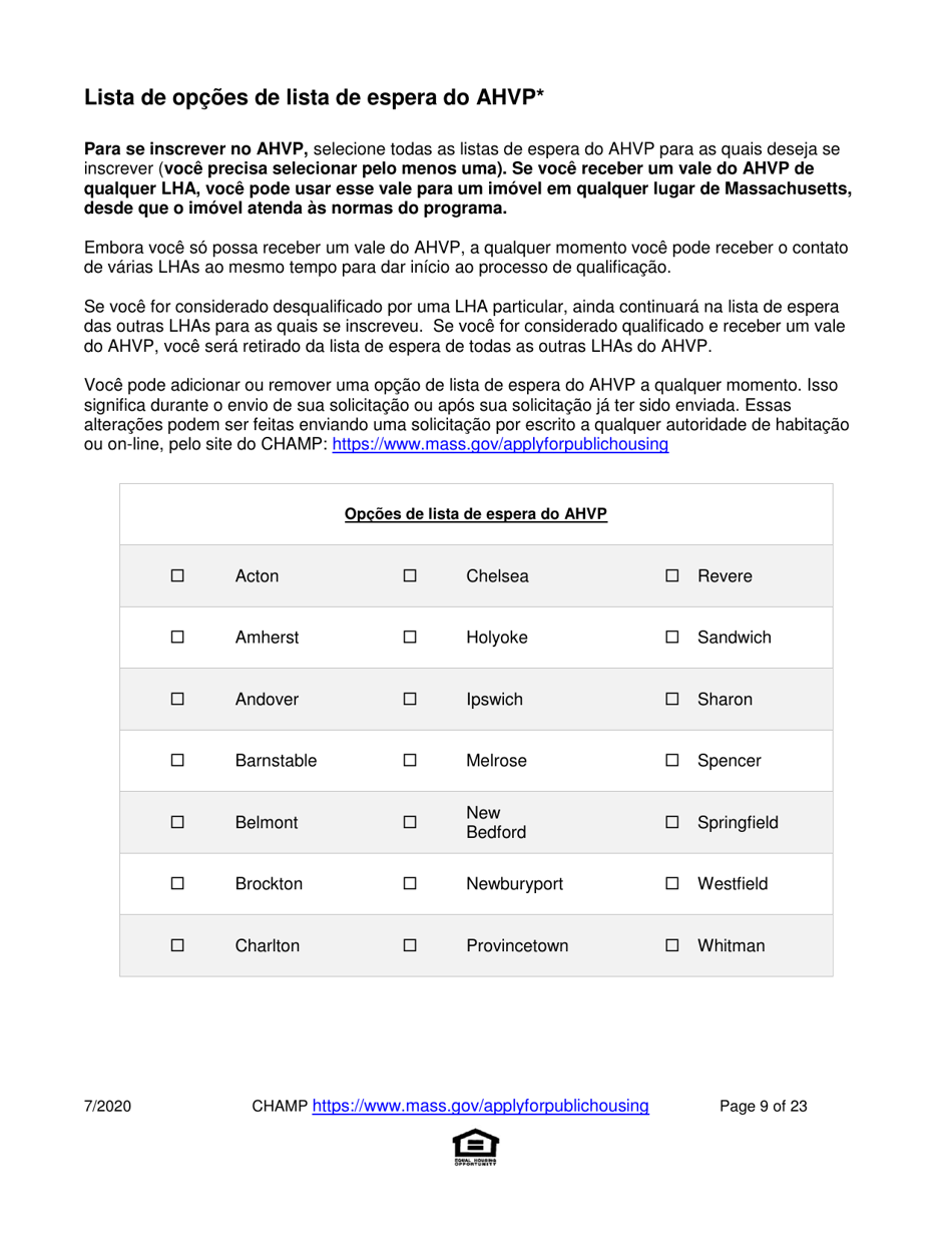 Application for State-Aided Public Housing and the Alternative Housing Voucher Program (Ahvp) - Massachusetts (Portuguese), Page 9